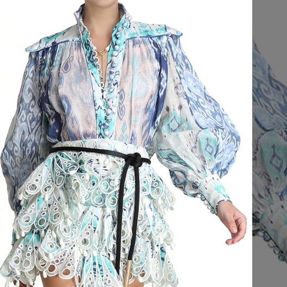 🦄NWT Zimmermann Glassy Long Sleeve Blouse AU1/US6 Spliced Blue Ikat - Picture 3 of 6